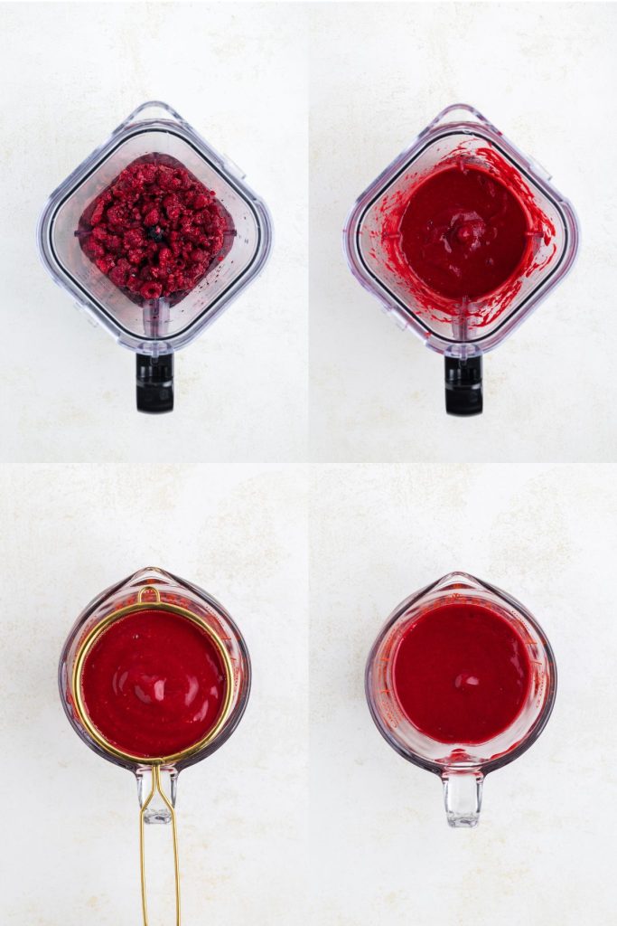 Process showing four step to make raspberry puree from frozen raspberries. 