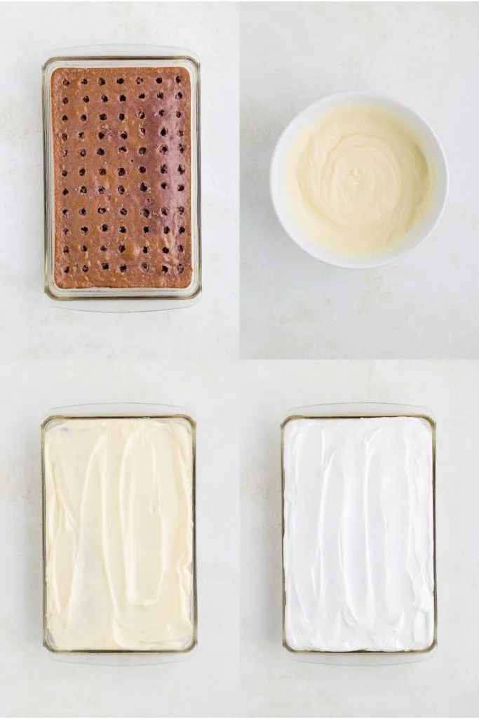Collage showing four steps to fill the cake with pudding and top with whipped topping.