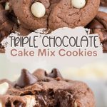 Close-up of triple chocolate cookies with white and milk chips, one broken open revealing melted chocolate inside.