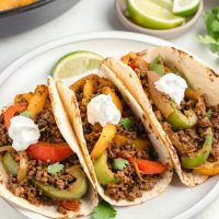 Ground beef fajitas with onions and pepper in flour tortillas.