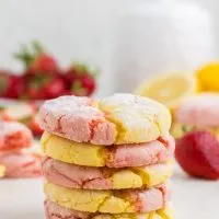 Pile of strawberry lemonade cake mix cookies on the counter.