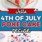 A slice of red, white, and blue Jello poke cake with white frosting and sprinkles on a white plate.