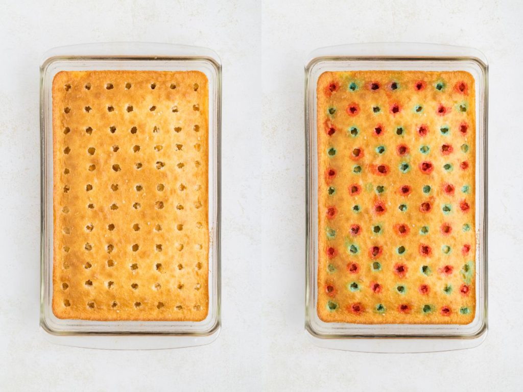 Collage showing a white cake covered in hole and the holes filled with red and blue jello.