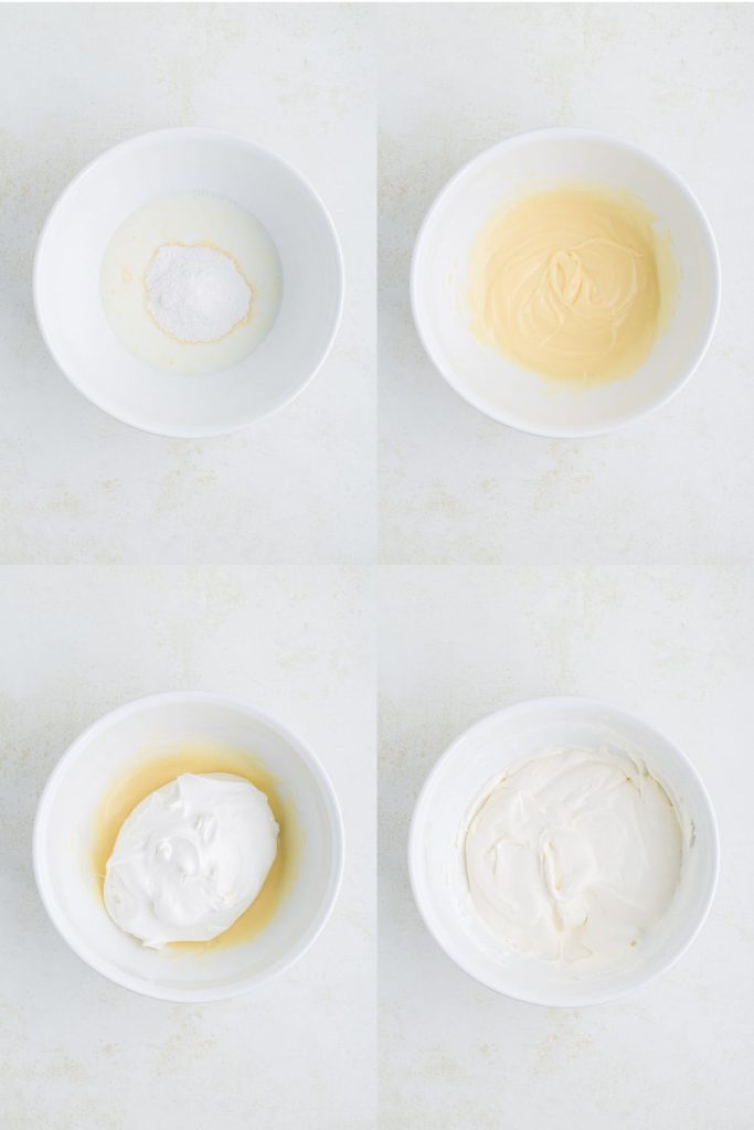 Collage showing four steps to make the white chocolate whipped topping frosting.