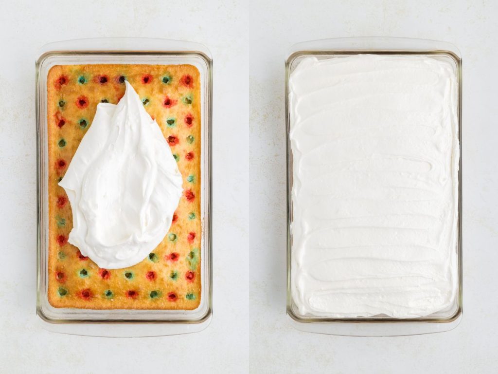 Collage showing two steps to frost the cake.