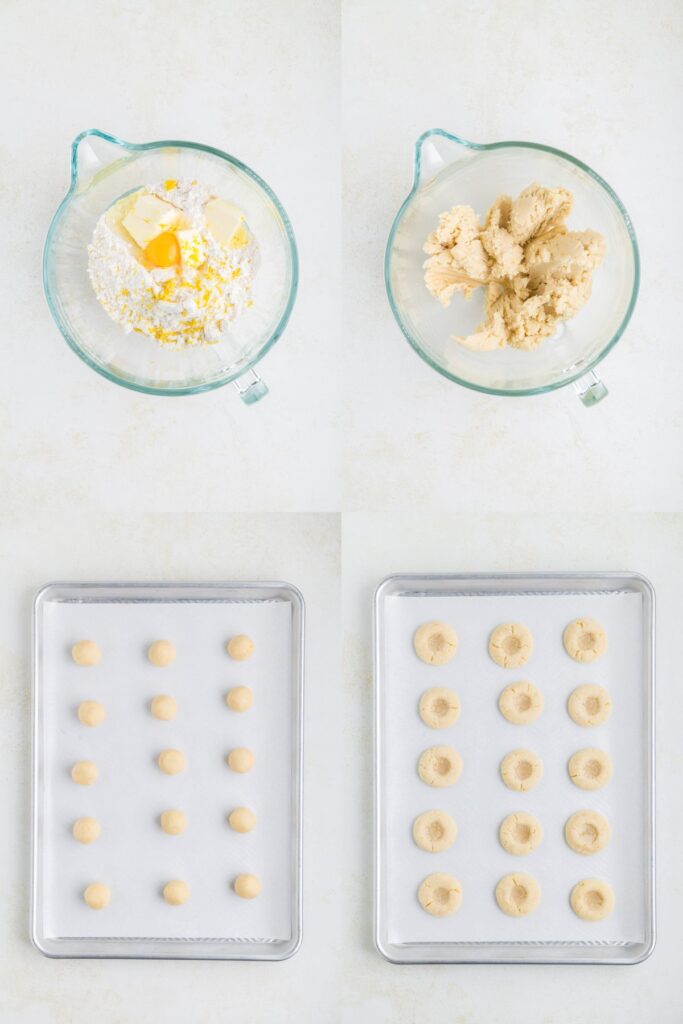 Collage showing four steps to make and shape the cookie dough.