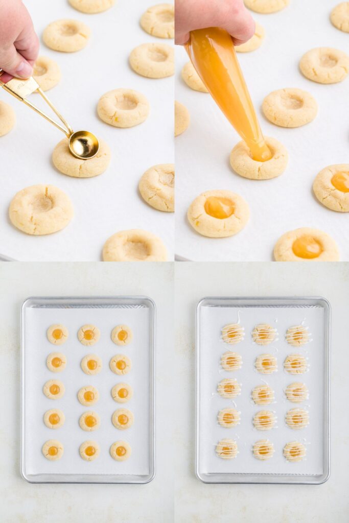Collage showing four steps to fill the cookies with curd and decorate them with glaze.