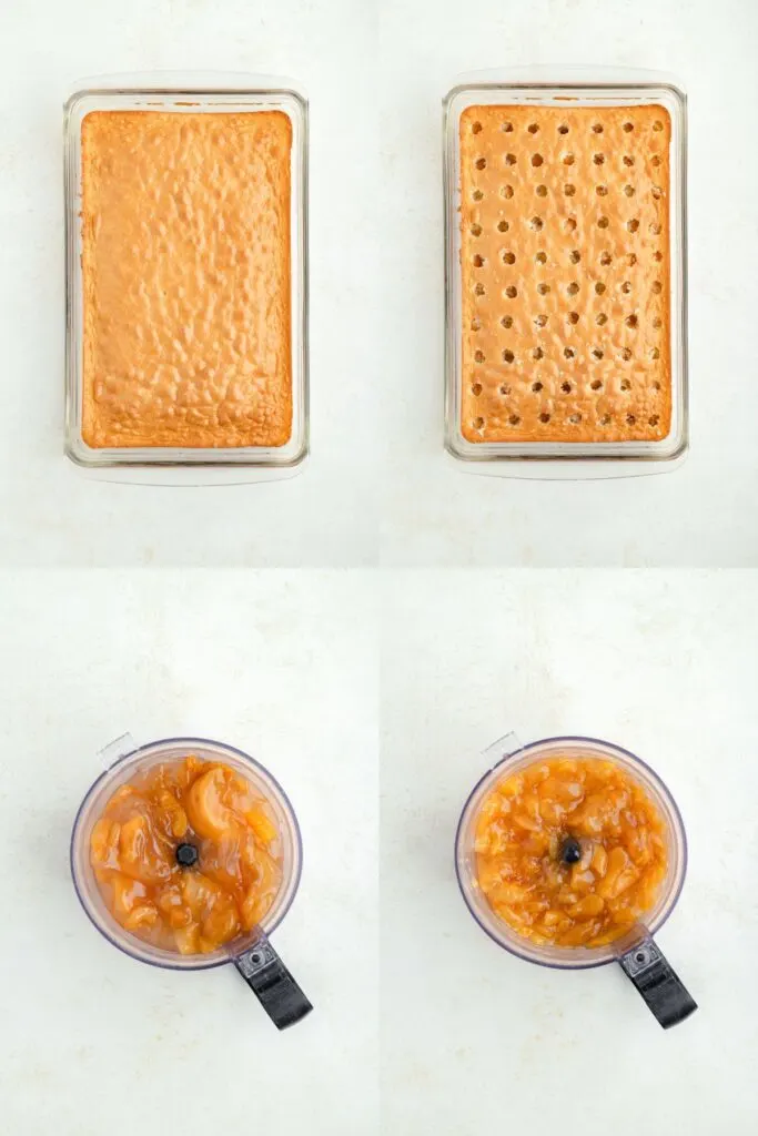 Collage showing four steps to bake the cake and make the peach filling.