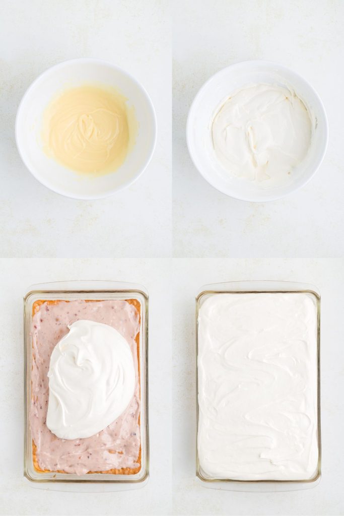 Collage showing four steps to make the cheesecake pudding frosting and spread it on the cake.