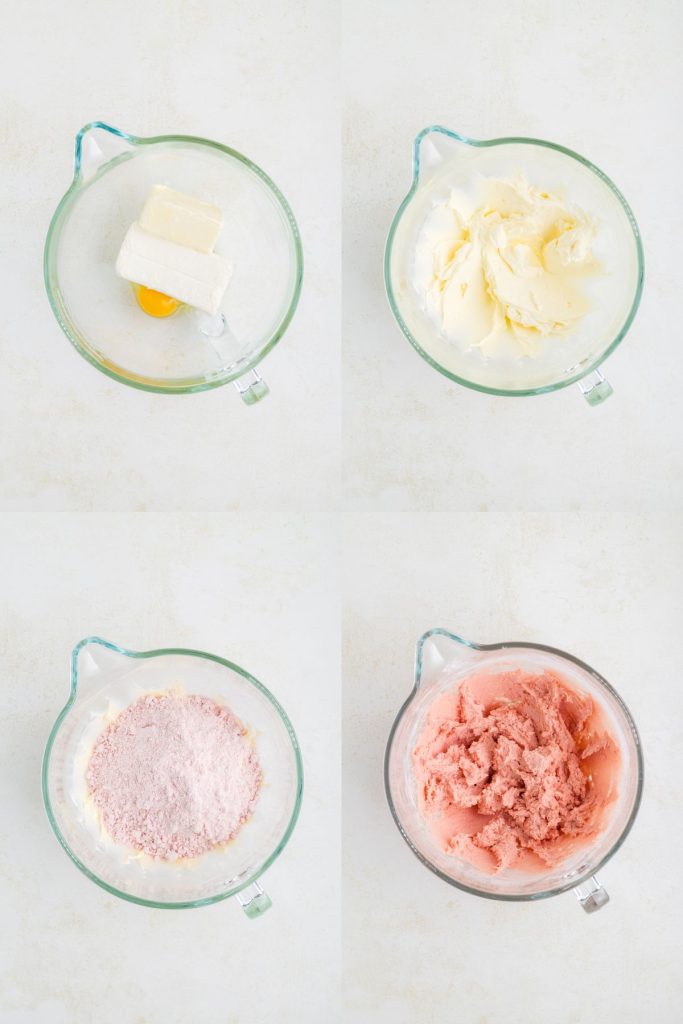 Collage showing four steps to make the cake mix cookie dough.