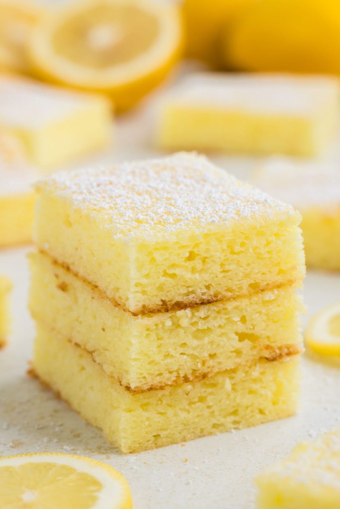 Stack of three lemon bars made with two ingredients.