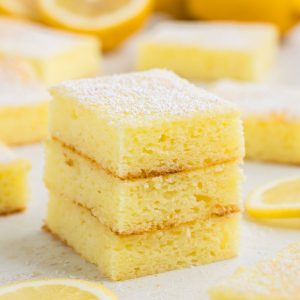 Stack of three lemon bars made with just two ingredients.
