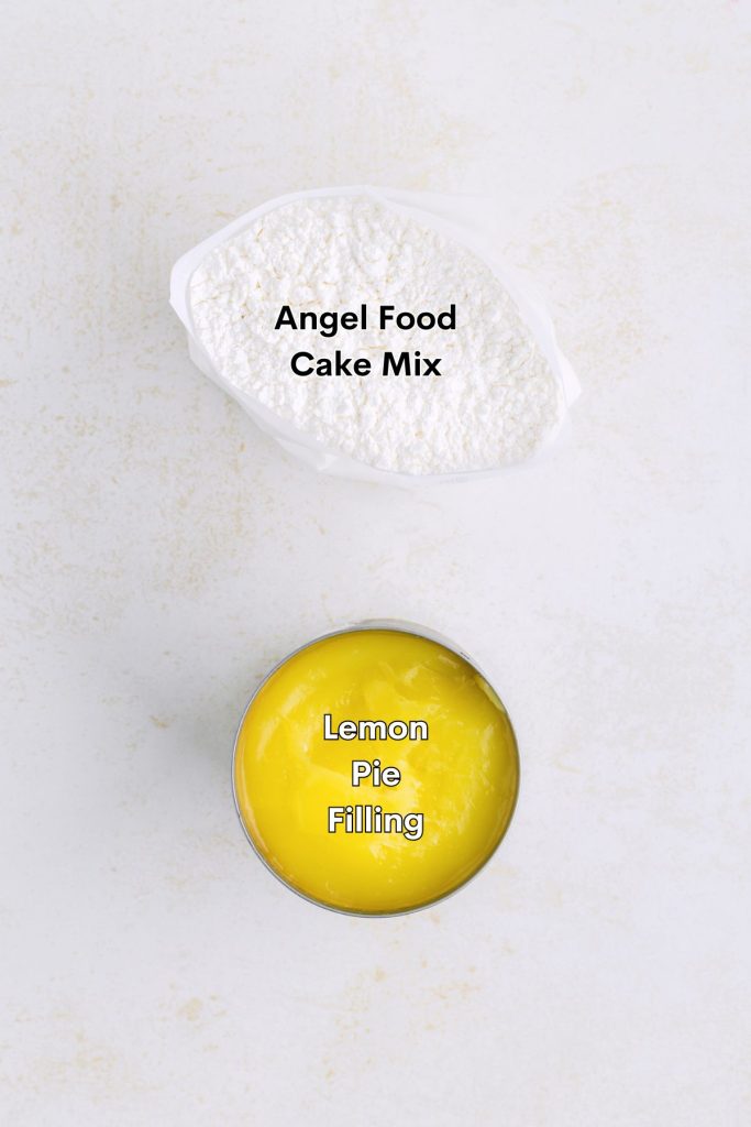 Angel food and lemon pie filling displayed on the counter.