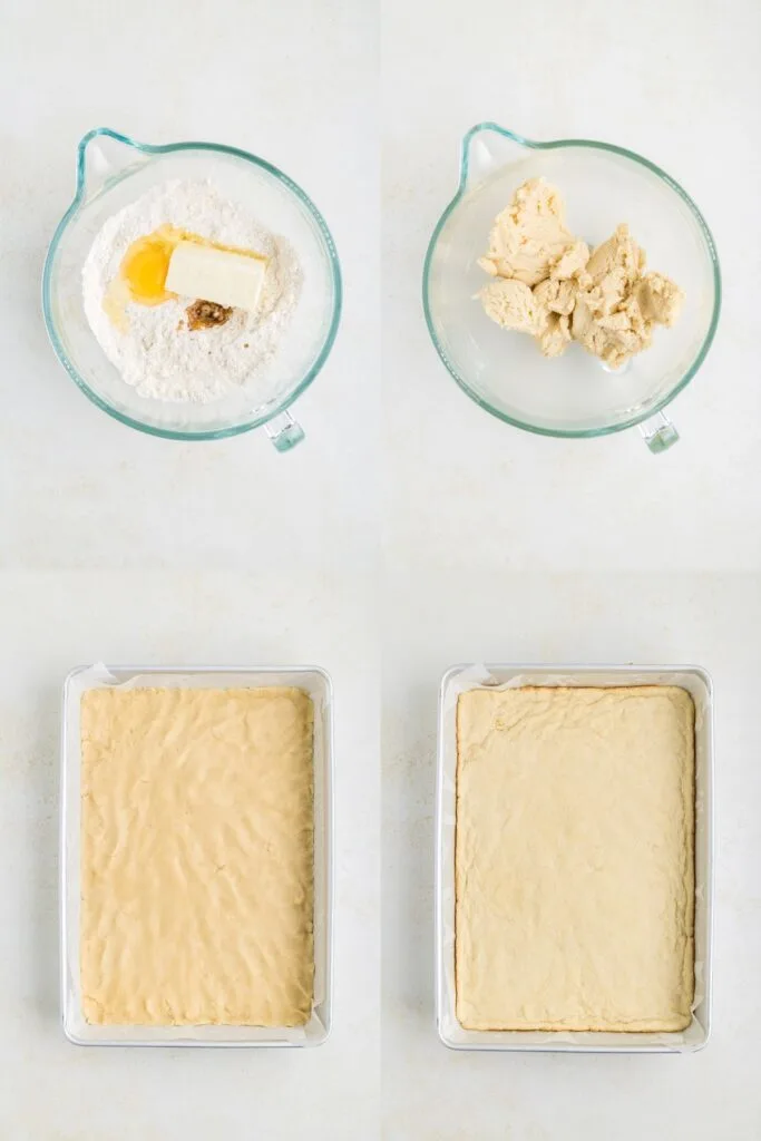 Collage showing four steps to make the cookie crust.