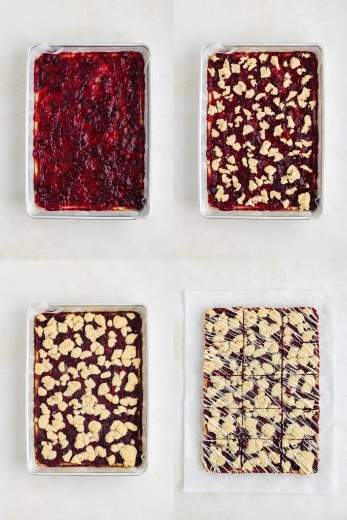 Collage showing four steps to top the bars with cranberry and crumb topping.