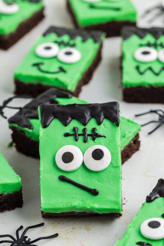 Frankenstein cake mix cookie bars on the counter.