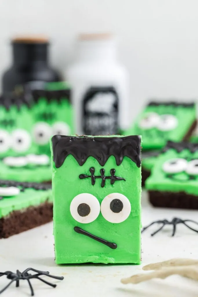 Easy Frankenstein cookie bars with candy melts and candy eyes.