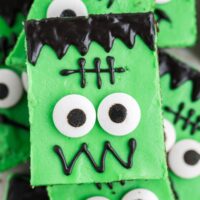 Pile of Frankenstein cake mix cookie bars.