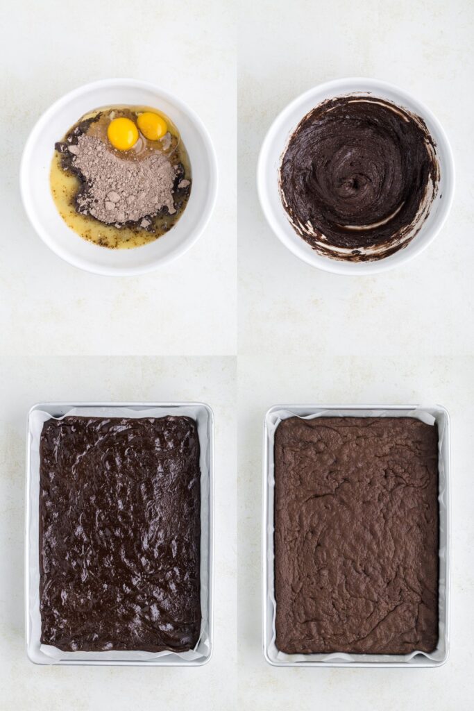 Collage showing four steps to make the chocolate cookie bars.