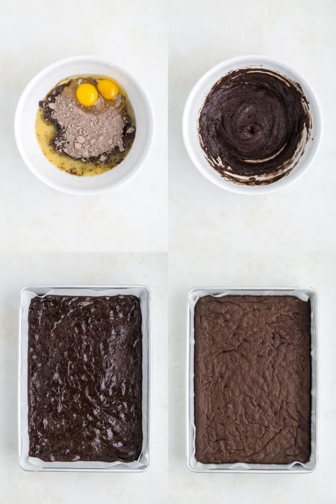 Collage showing four steps to make the chocolate cookie bars.