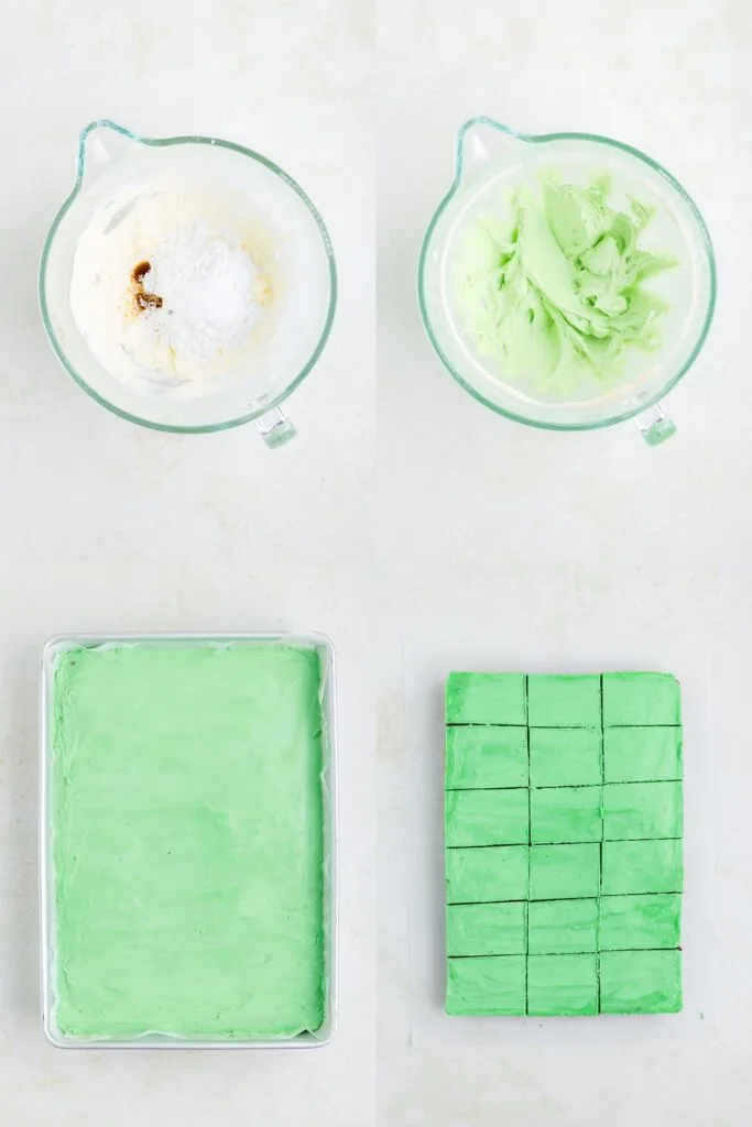 Collage showing two steps to make green frosting and two steps to frost and cut the cookie bars.