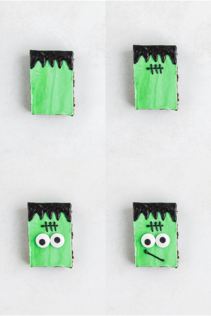 Collage showing four steps to decorate the Frankenstein faces with candy melts and eyeballs.