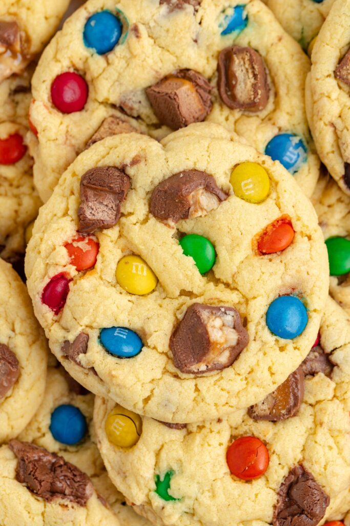 Pile of cake mix Halloween candy cookies.