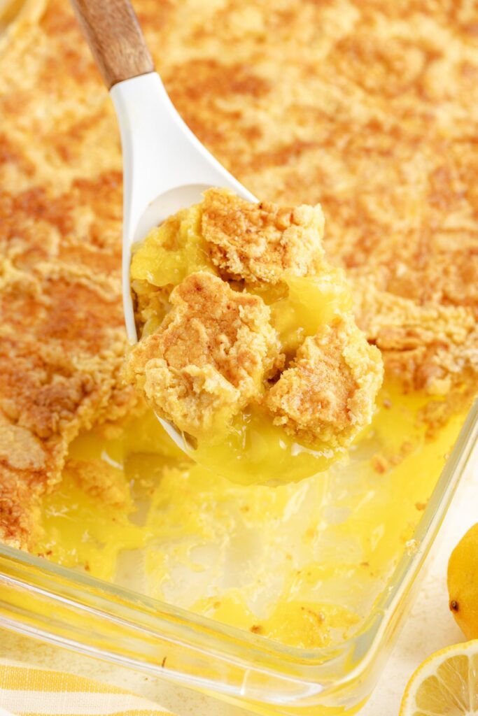 Spoonful of lemon dump cake.