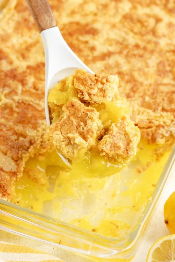 Spoonful of lemon dump cake.