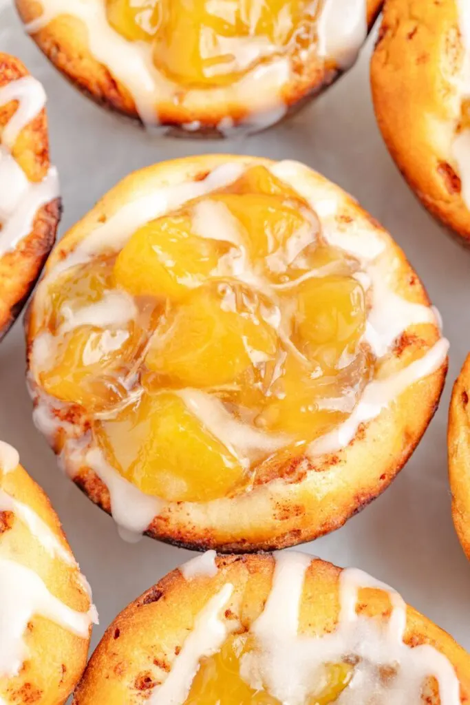 Peach pie filling in a cinnamon roll cup crust.