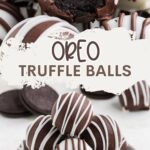 Plate of chocolate-coated Oreo truffle balls with white drizzle; one shows bitten center. Text: “Oreo Truffle Balls.”.