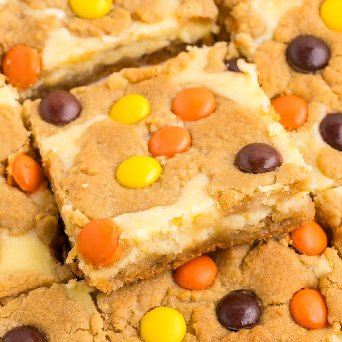 Peanut butter cheesecake cookie bars topped with orange, yellow, and brown Reese's Pieces chocolates; one bar is lifted.