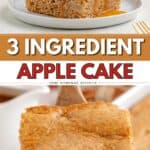 A square slice of apple cake with whipped cream and caramel, surrounded by apples and extra cake pieces.