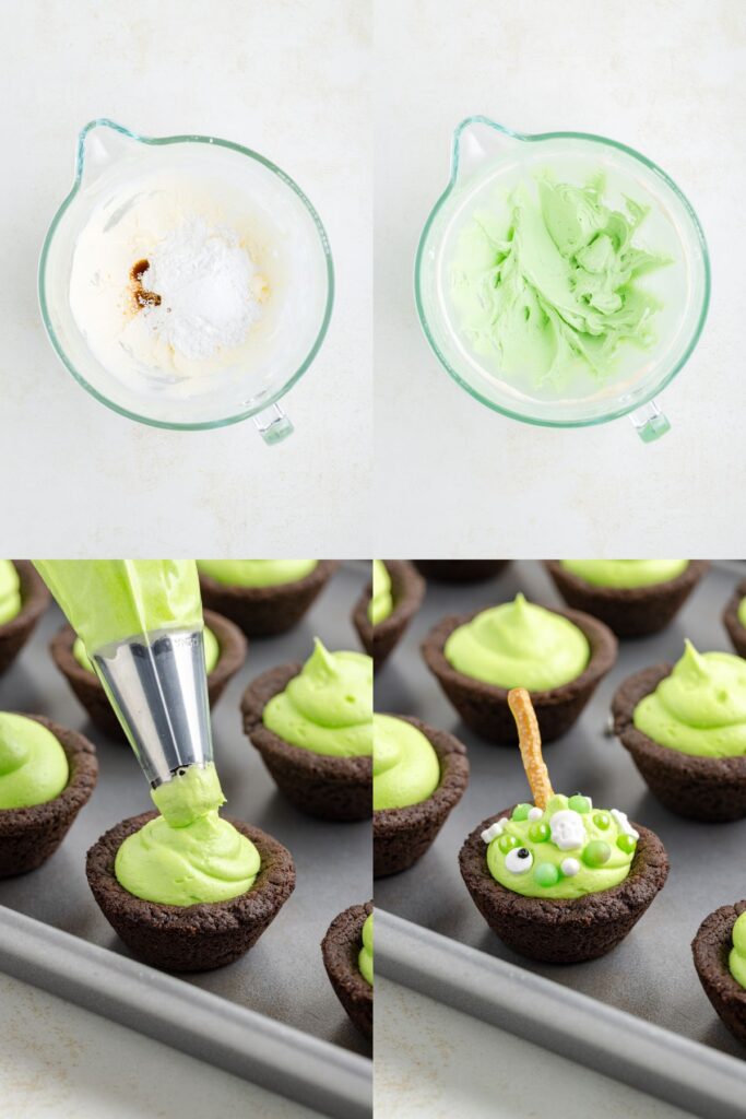 Collage showing how to make the buttercream and decorate the cookie cups.