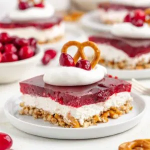 Slice of pretzel cranberry jello salad.