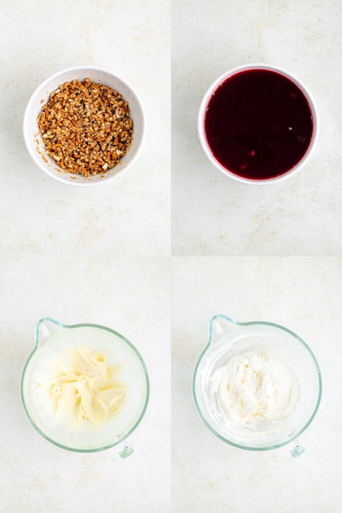 Collage showing four steps to make the crust, jello, and cream cheese filling.