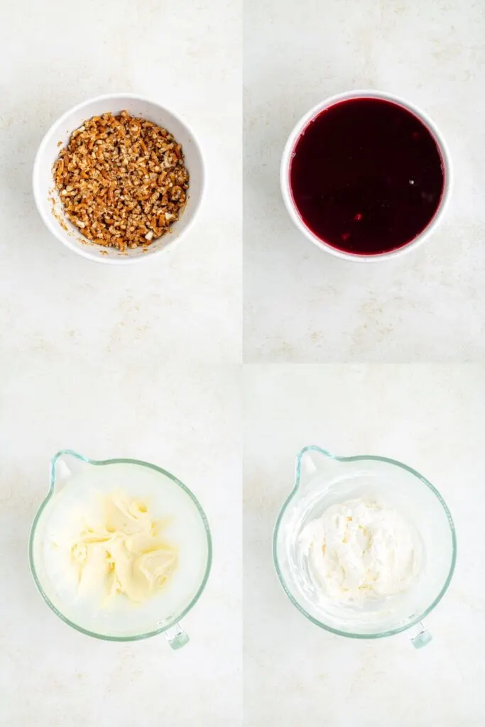 Collage showing four steps to make the crust, jello, and cream cheese filling.