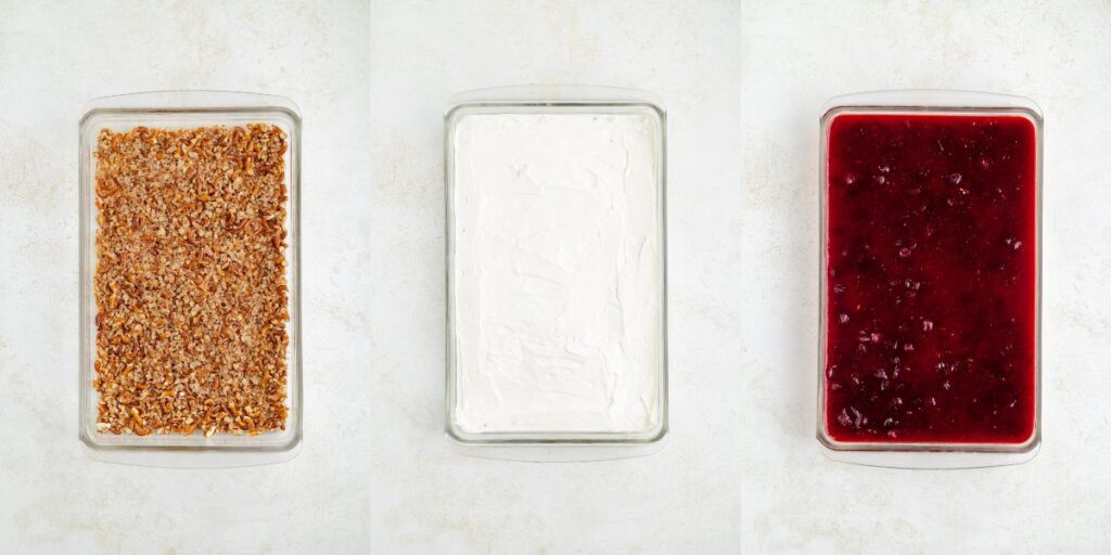 Three steps to assemble the jello salad.