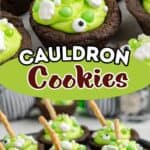 Chocolate cookie cups with green frosting, candy eyes, white candies, and pretzel sticks like bubbling cauldrons.