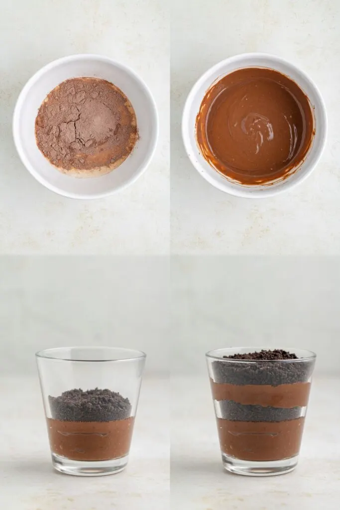 Collage showing four steps to make the pudding and layer the pudding and Oreos.