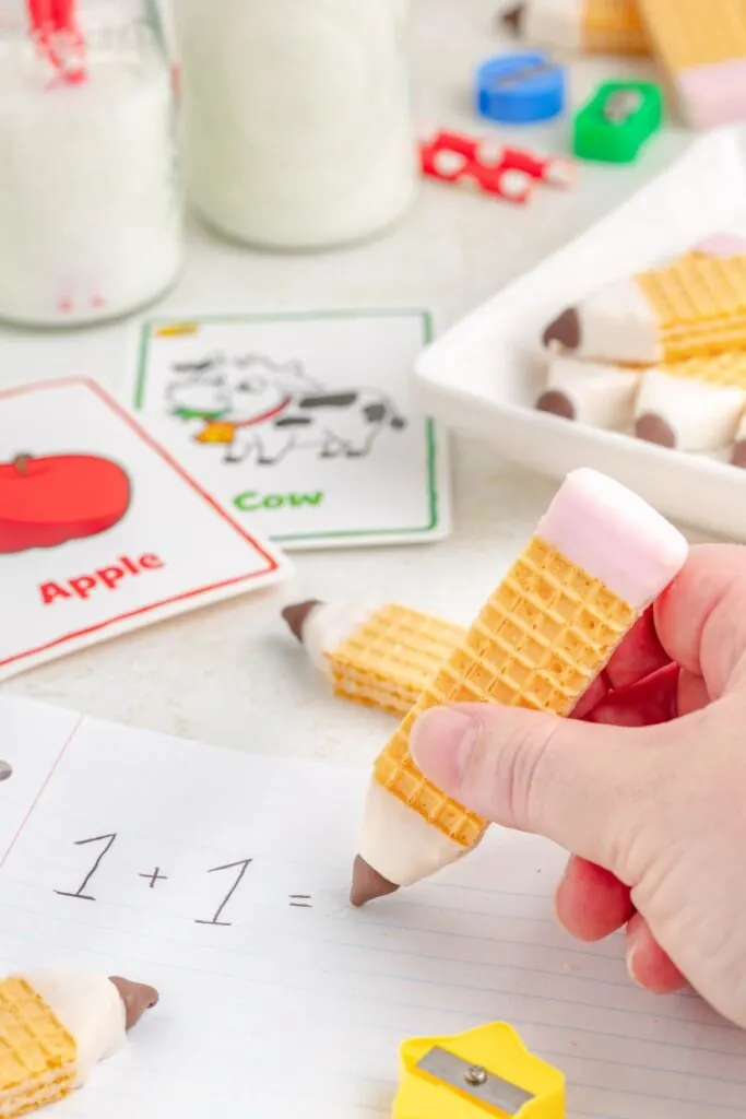 Pencil cookie with wafers and candy melts.