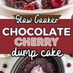 Chocolate cherry dump cake topped with ice cream and cherries, served on a plate with fresh cherries nearby.