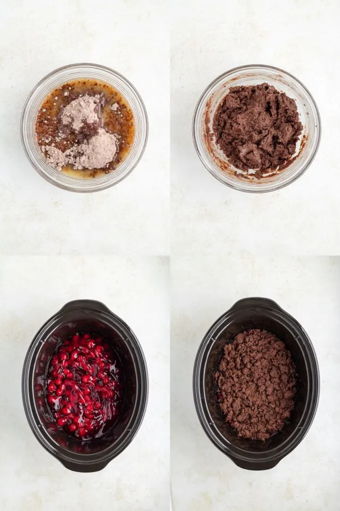 Collage showing four steps to make the crockpot cake.