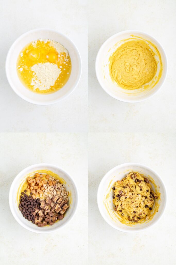 Collage showing four steps to make the cookie dough.