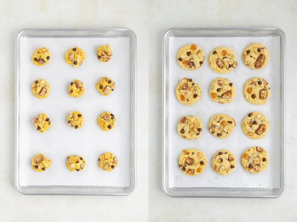 Collage showing unbaked and baked cookies on a baking sheet.