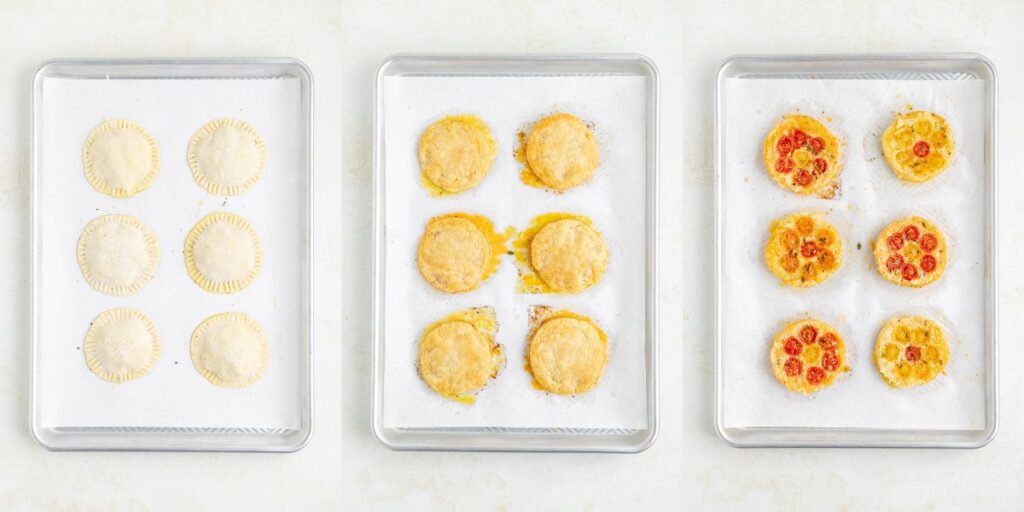 Collage showing the three stages of puff pastry, raw, cooked, and flipped over.