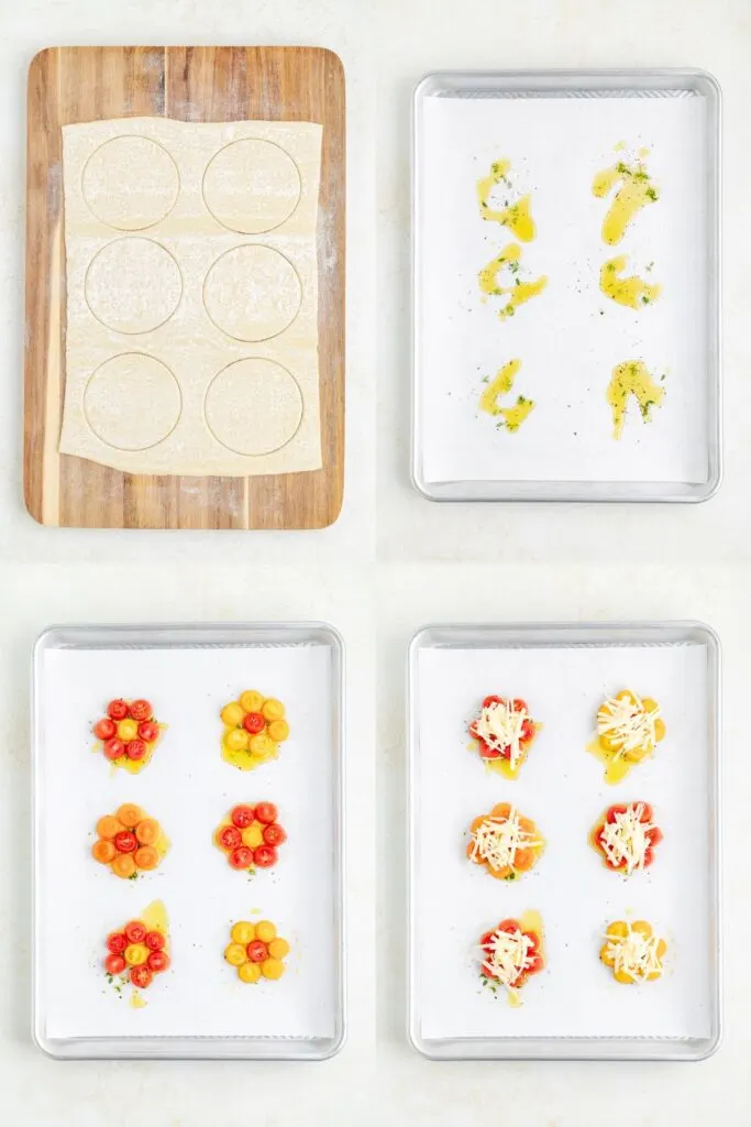 Four steps to cut the dough and arrange the tomatoes on the baking pan.