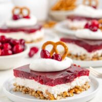 Cranberry pretzel salad with whole berry cranberry sauce.