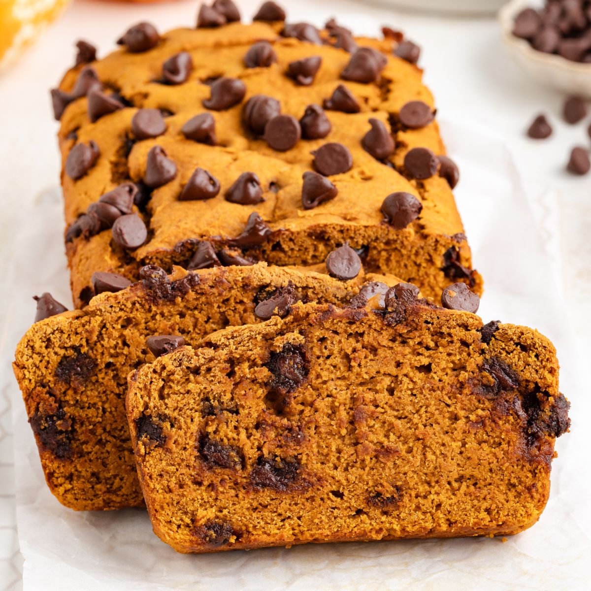 Easy 3-ingredient chocolate chip pumpkin bread.