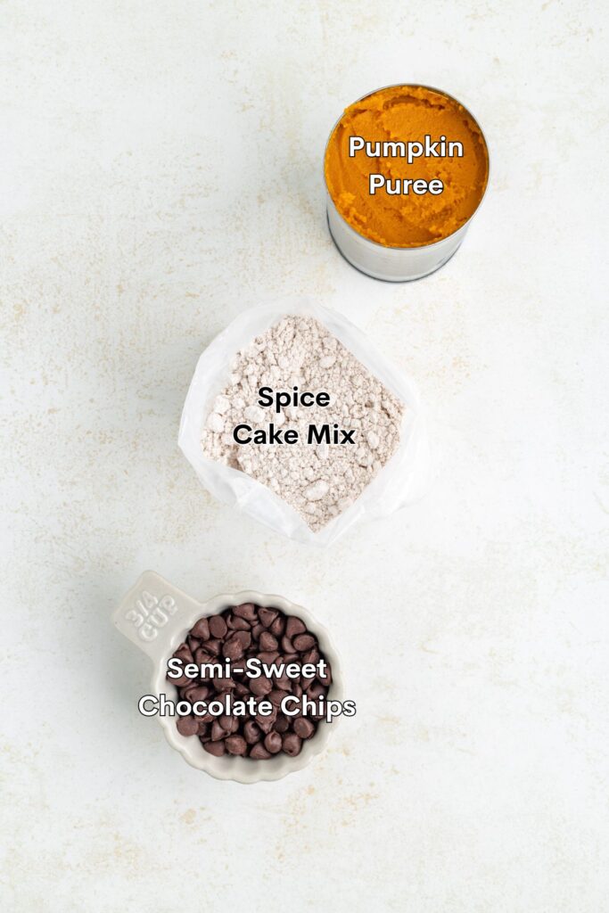 Ingredients such as spice cake mix, pumpkin puree, and chocolate chips displayed on the counter. 